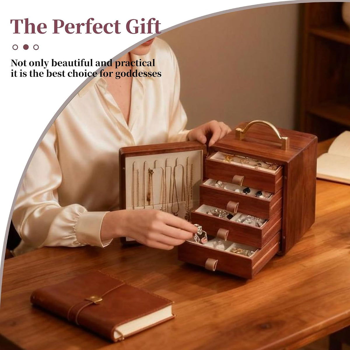 Elegant Walnut Wooden Jewelry Box - 4-Tier Organizer with Handle for Rings & Necklaces