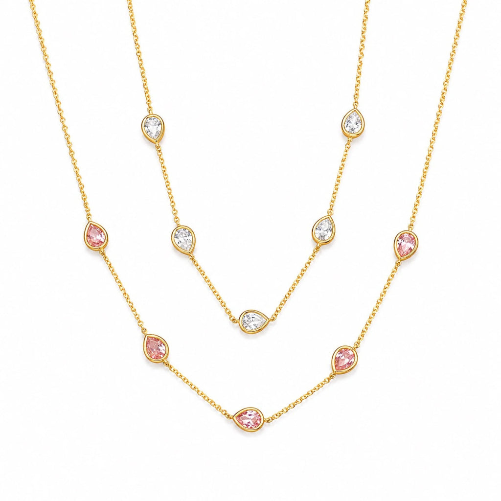 Teardrop Gem Station Necklace – Dainty Gold Chain with Color Accents