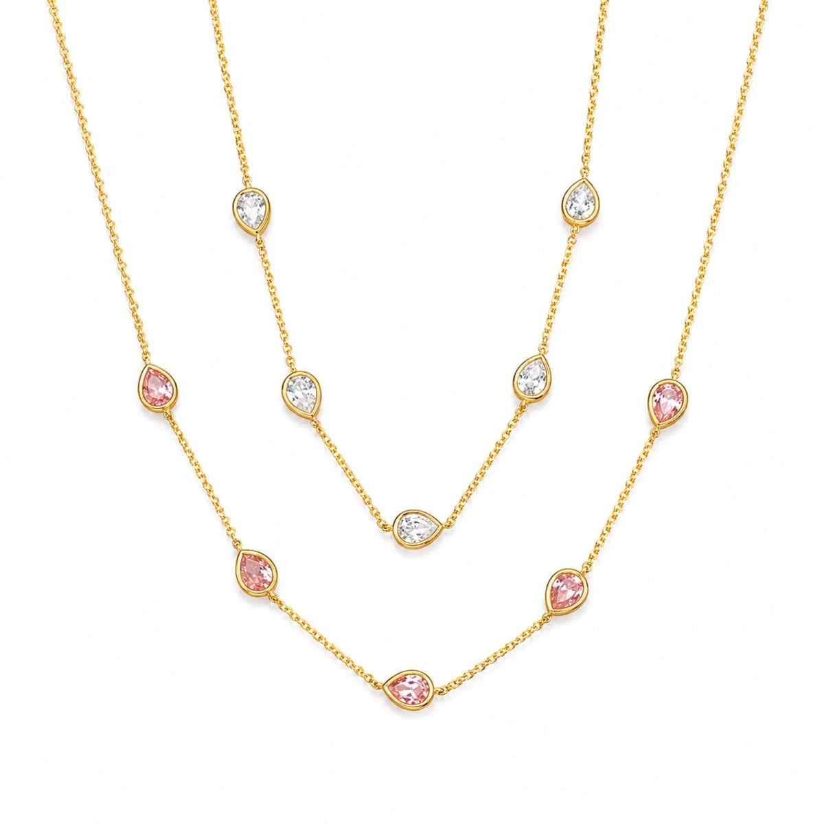 Teardrop Gem Station Necklace – Dainty Gold Chain with Color Accents
