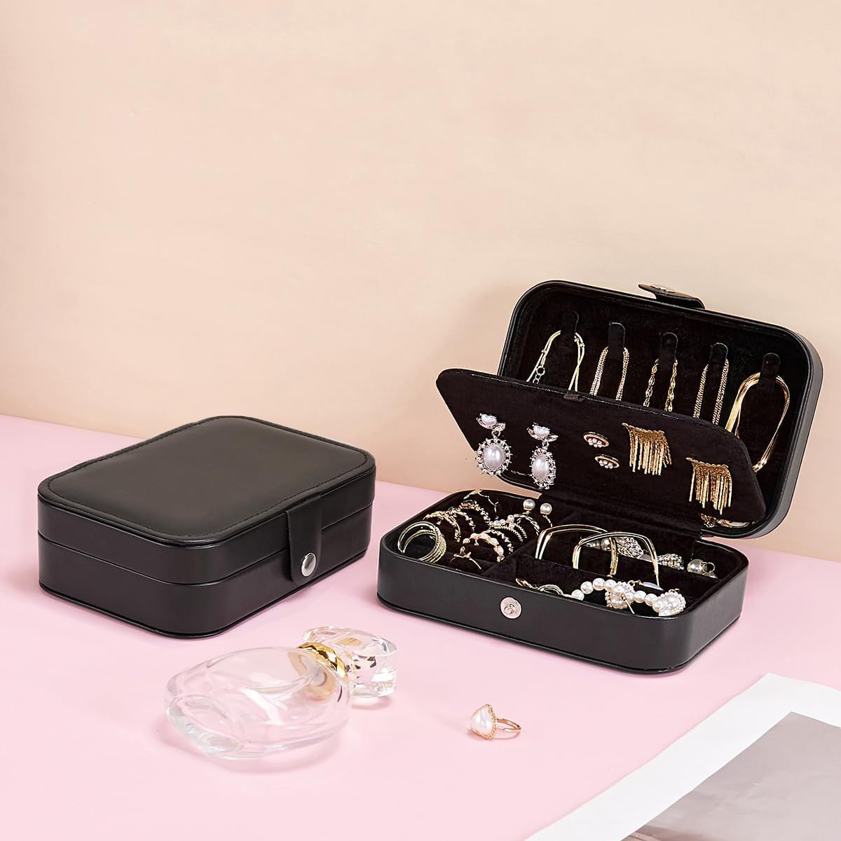 Chic PU Leather Travel Jewelry Box - 2 Layer Portable Organizer for Rings, Earrings, Necklaces & Bracelets