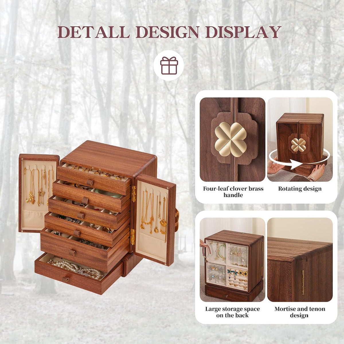 Elegant Walnut Wood Jewelry Box - Large Organizer for Women and Girls