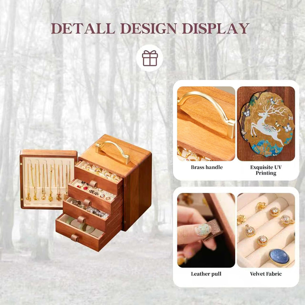 Wooden Jewelry Box for Women 4 Tier Walnut Wooden Jewelry Box with Handle (White Deer Print B)