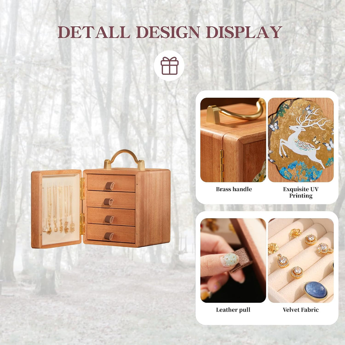 Elegant Walnut Wooden Jewelry Box for Women - 4 Tier with Charming White Deer Print and Handle