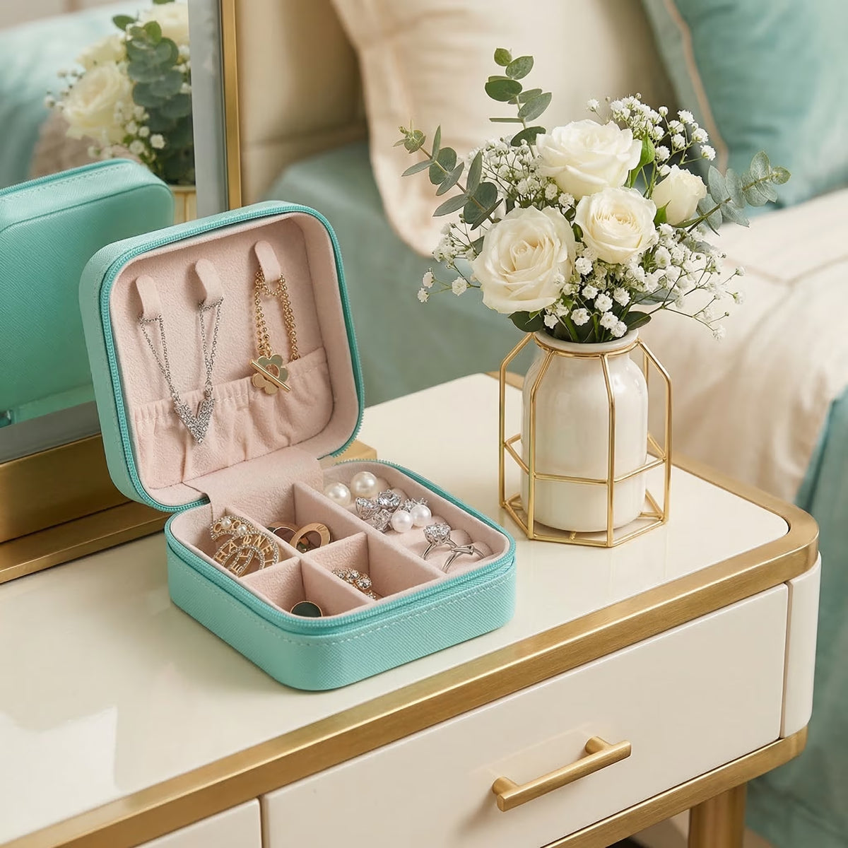 Chic Mini Travel Jewelry Box - Elegant Leather Organizer for Earrings, Rings & Necklaces - Perfect Gift for Women and Girls