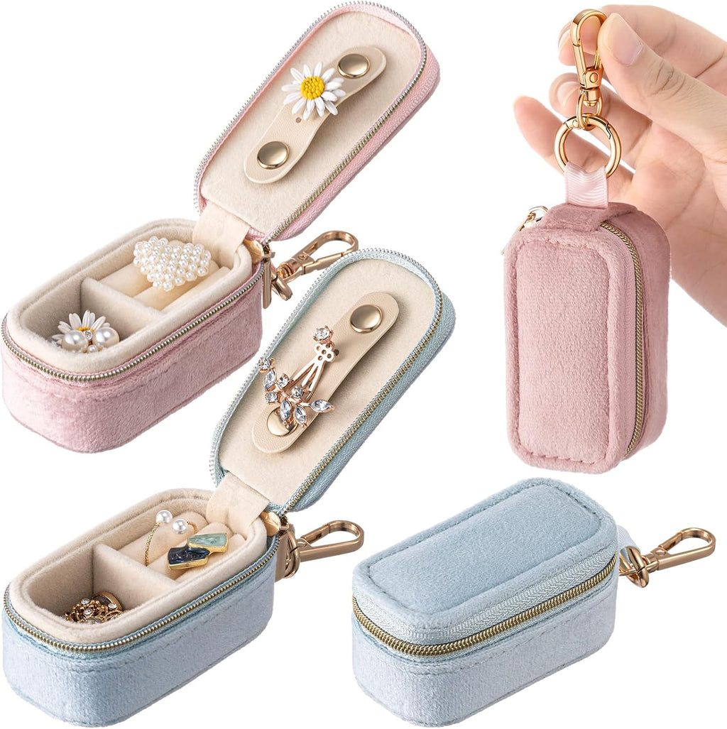 Set of 2 Mini Velvet Travel Jewelry Cases with Keychain – Perfect Organizer for On-the-Go Glam!