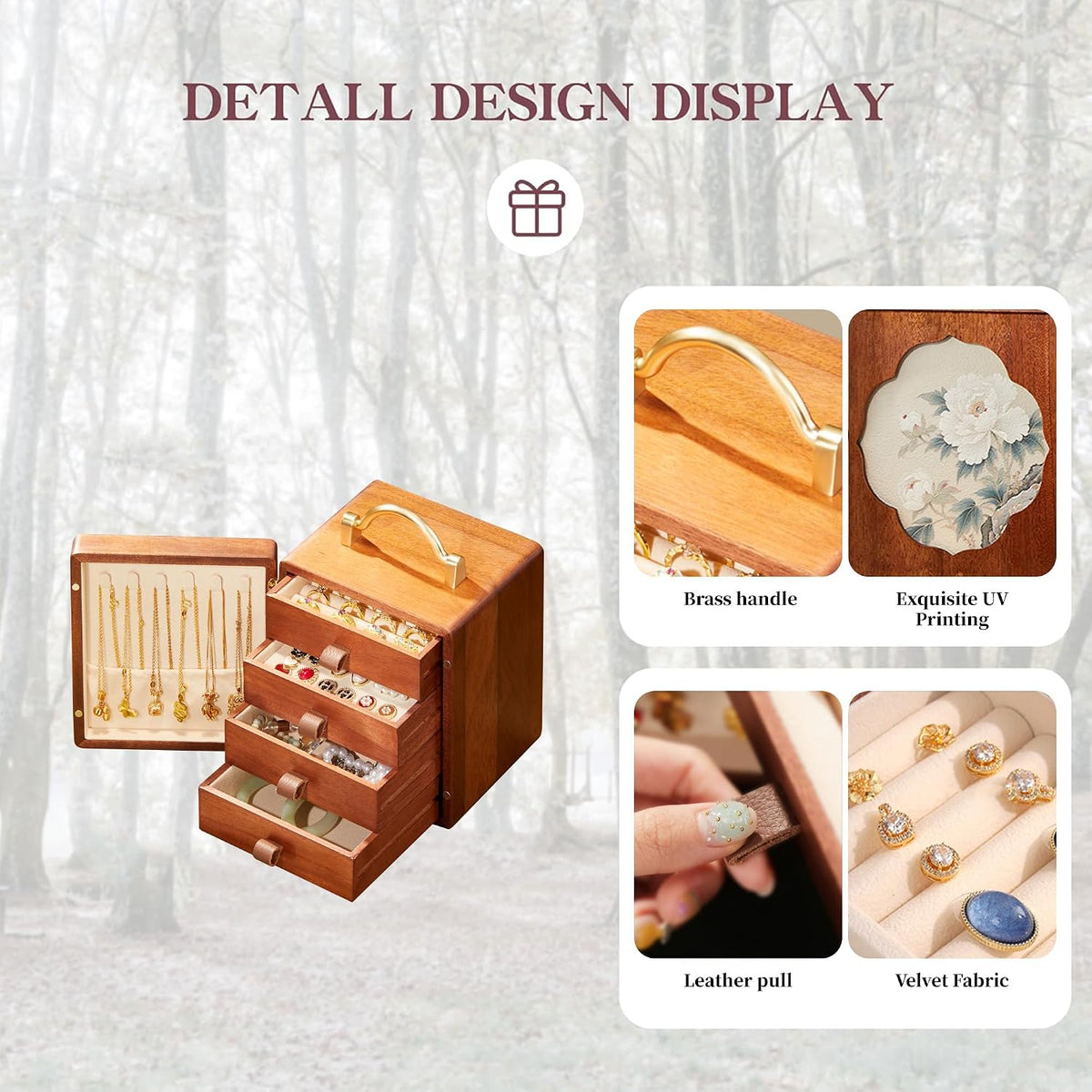 Elegant Walnut Wooden Jewelry Box - 4-Tier Organizer with Handle for Rings & Necklaces