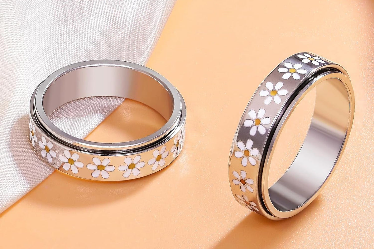 Daisy Fidget Ring for Anxiety Relief - 18K Gold Plated Spinner Band for Stress Relief,Stainless Steel Statement Flower Ring for Women,Thoughtful Gift for Birthday Valentine'S Day,Size 6-10