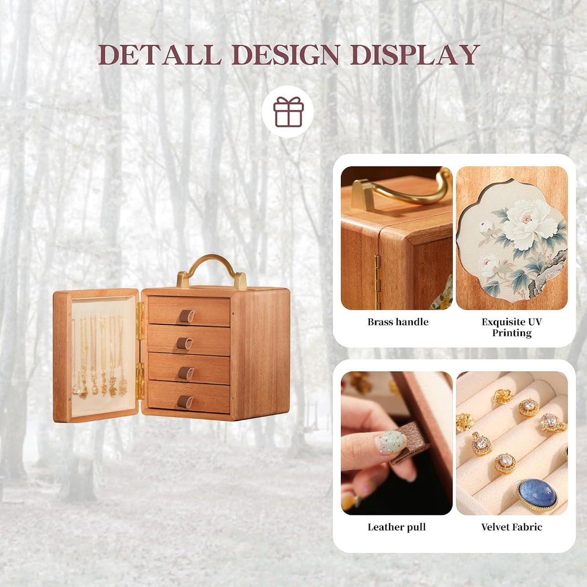 Elegant Walnut Wooden Jewelry Box with Handle - 4-Tier Organizer for Rings and Necklaces