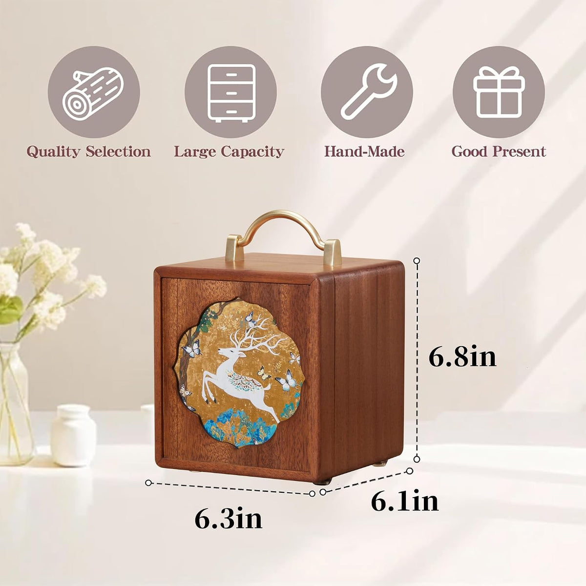 Wooden Jewelry Box for Women 4 Tier Walnut Wooden Jewelry Box with Handle (White Deer Print B)