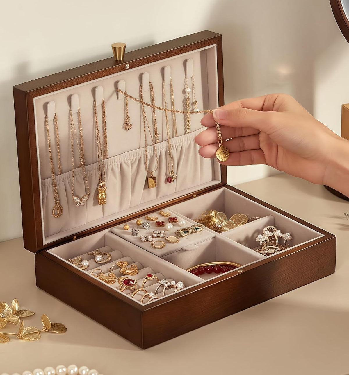 Elegant Mahogany Jewelry Box - Velvet-Lined Organizer for Earrings, Rings, Necklaces & Bracelets - Vintage Brown & Classic Style for Women
