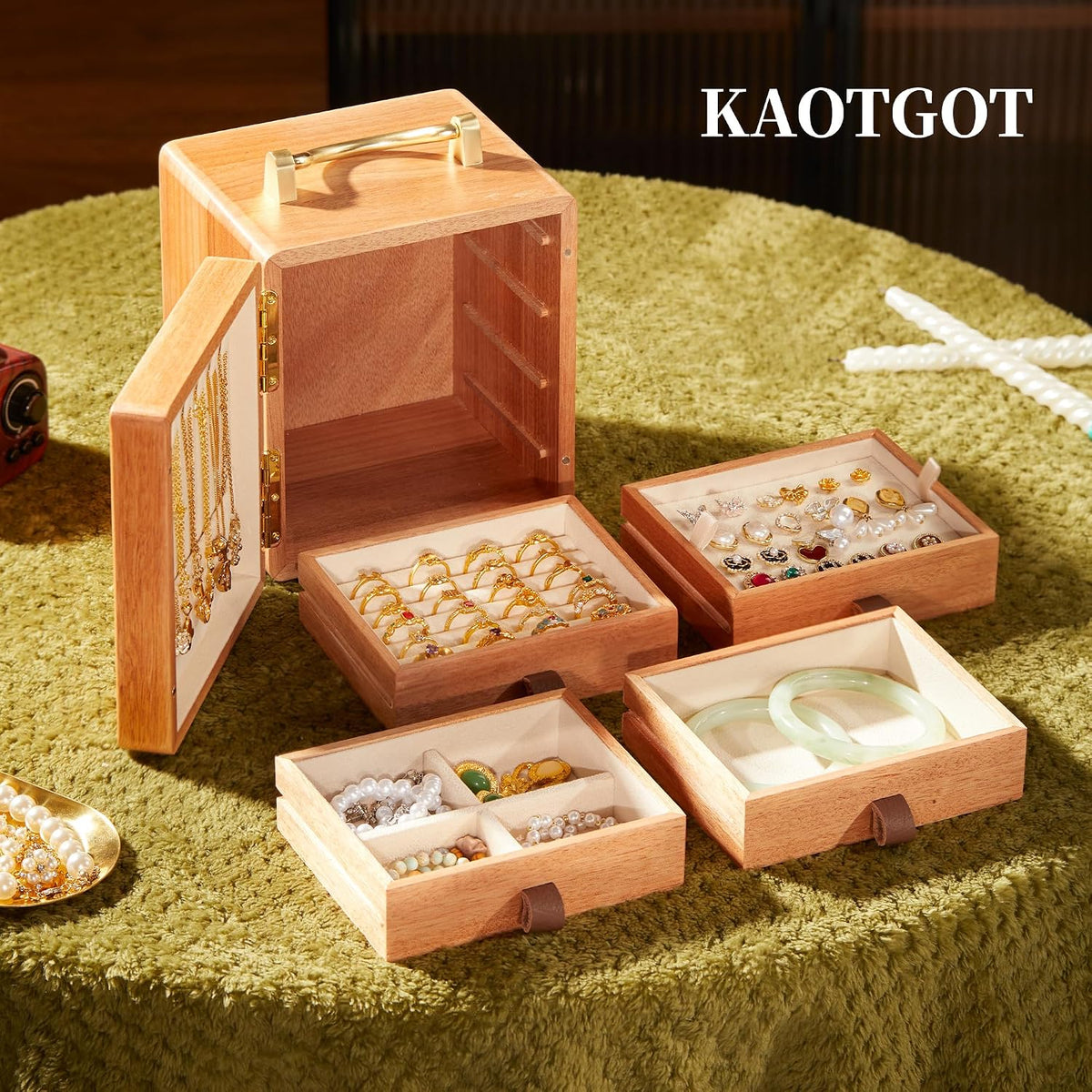 Elegant Walnut Wooden Jewelry Box for Women - 4 Tier with Charming White Deer Print and Handle