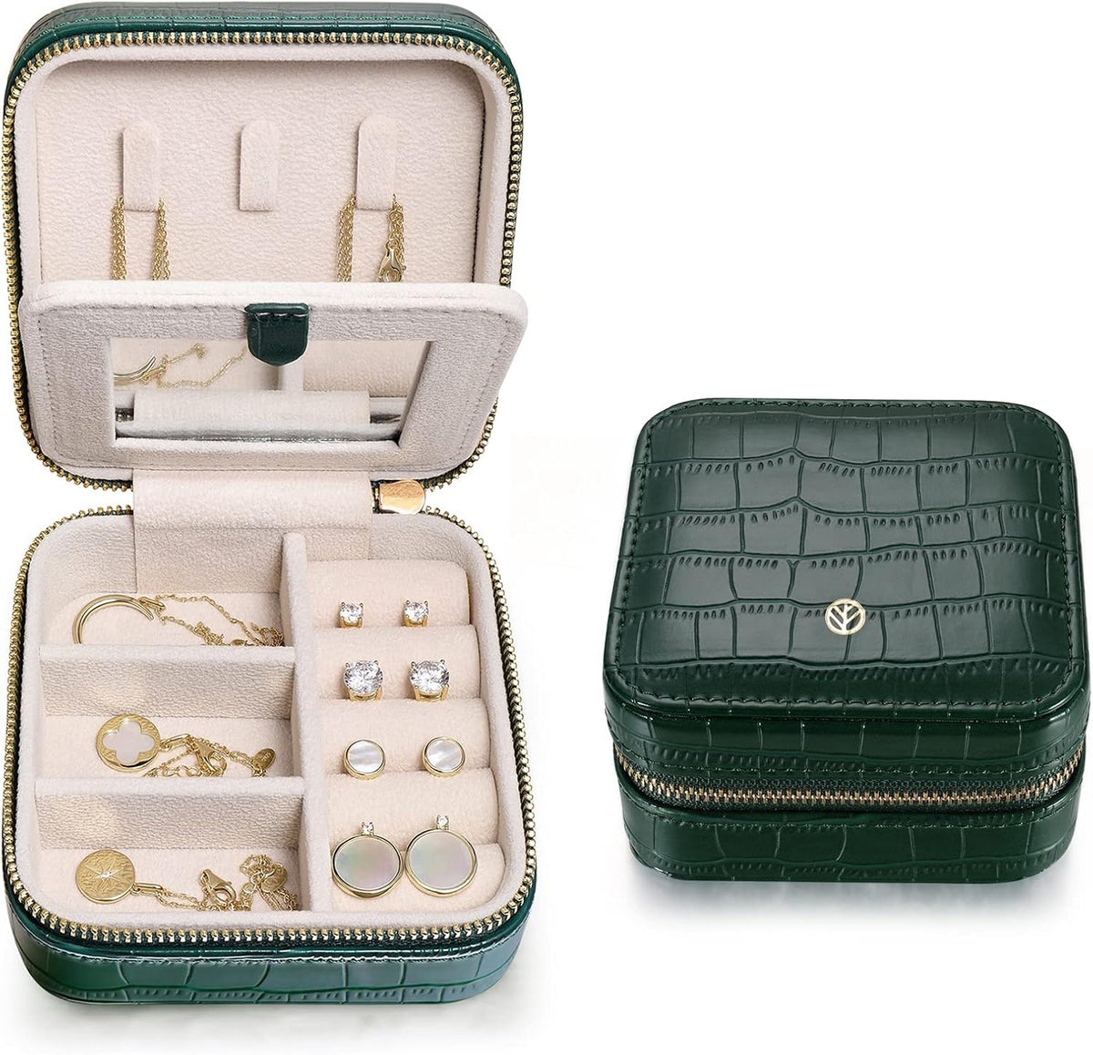 Chic Travel Jewelry Organizer - Portable Case for Necklaces, Earrings, Bracelets & Rings - Perfect Birthday Gift for Best Friends - Trendy Crocodile Emerald Design