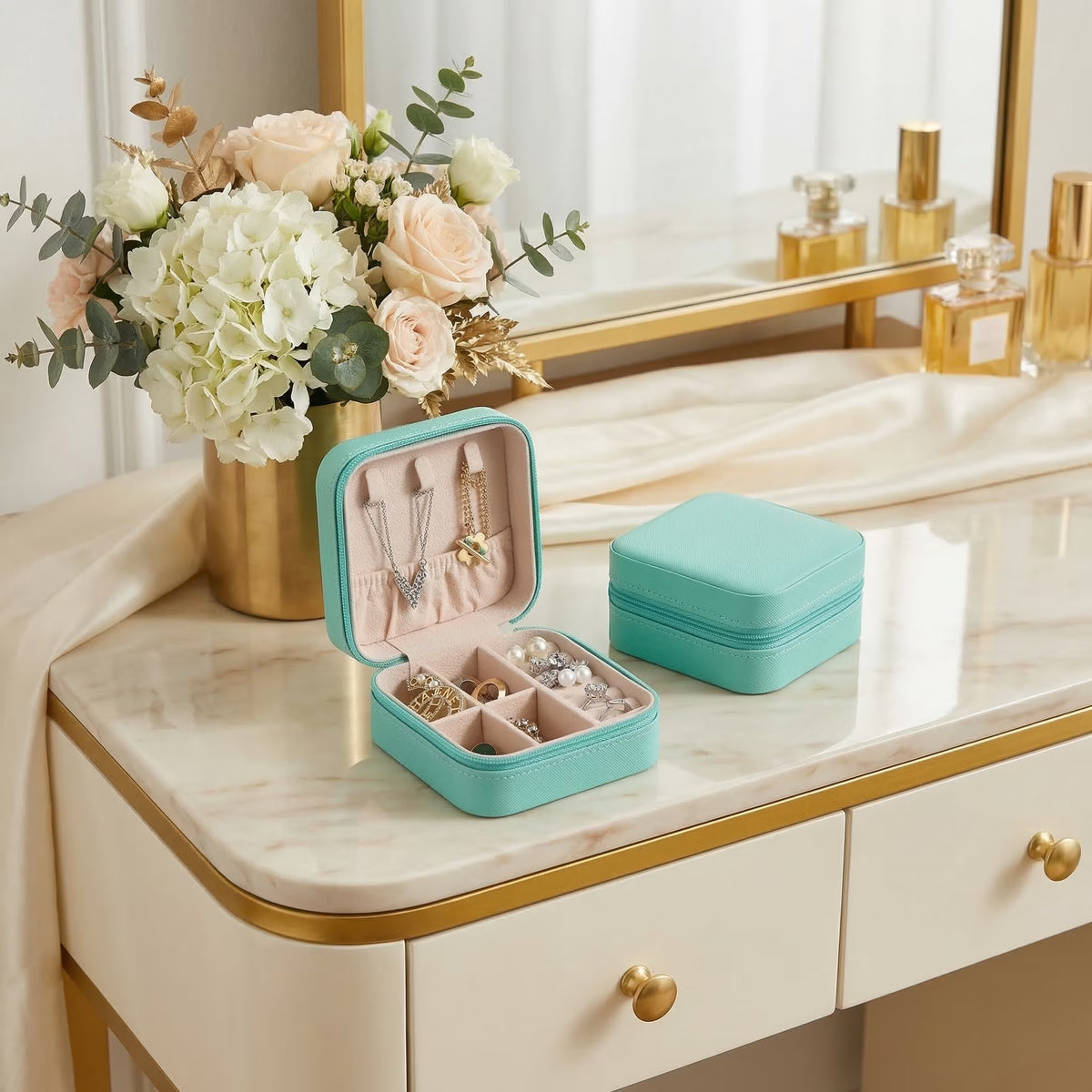 Chic Mini Travel Jewelry Box - Elegant Leather Organizer for Earrings, Rings & Necklaces - Perfect Gift for Women and Girls