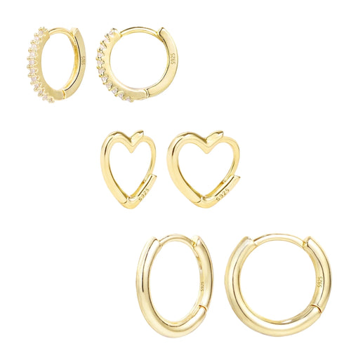 3 Pairs 14K Gold Plated Huggie Hoop Earrings Set, Hypoallergenic Heart Earrings for Women, Gifts for Mom