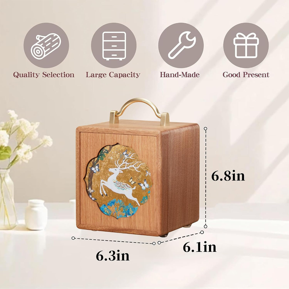 Elegant Walnut Wooden Jewelry Box for Women - 4 Tier with Charming White Deer Print and Handle