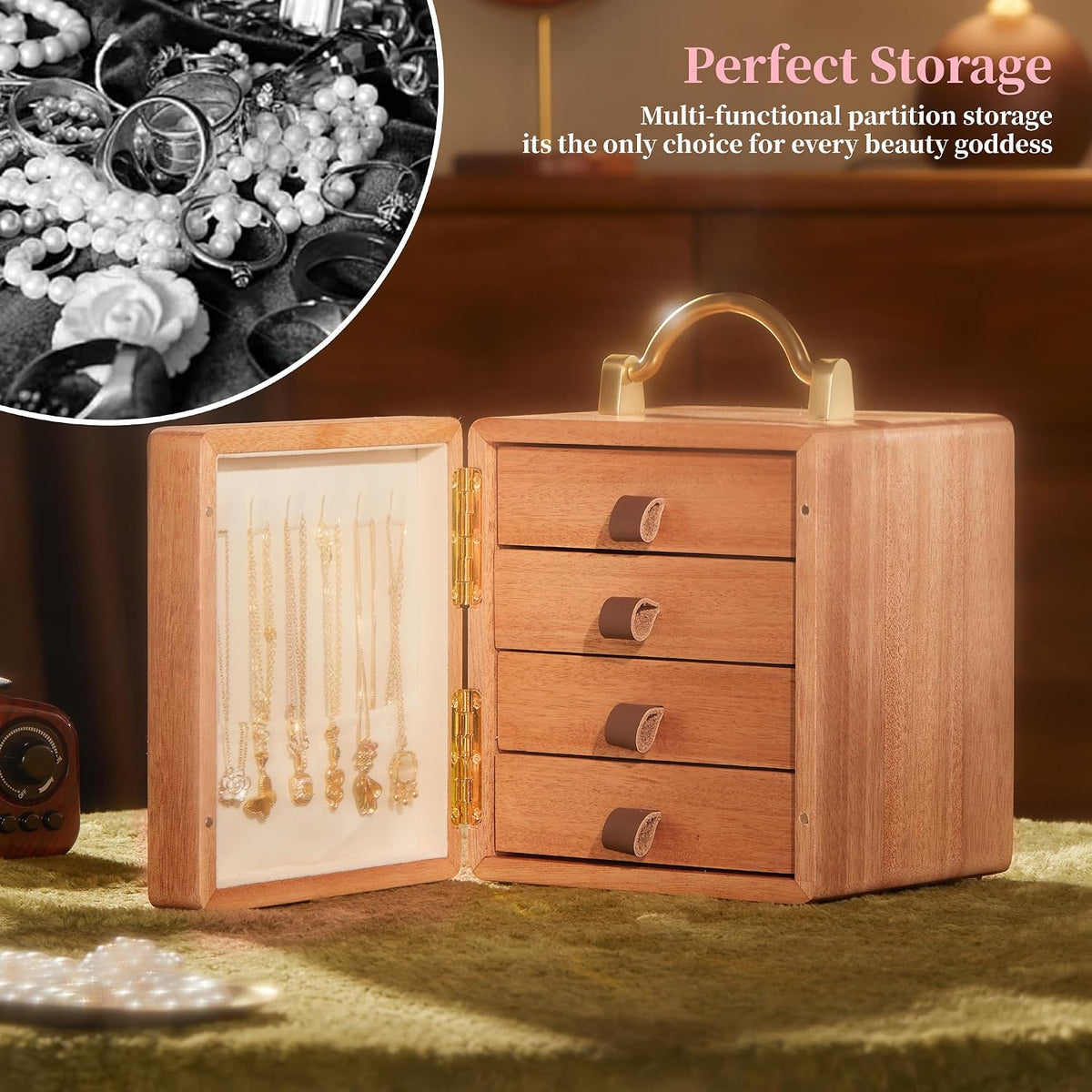 Elegant Walnut Wooden Jewelry Box for Women - 4 Tier with Charming White Deer Print and Handle