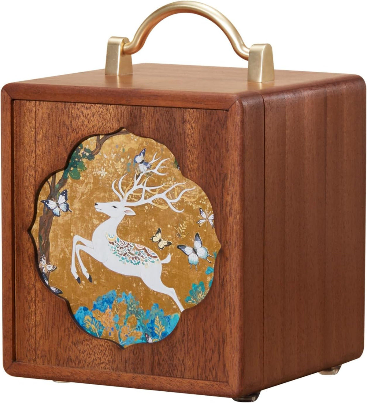 Wooden Jewelry Box for Women 4 Tier Walnut Wooden Jewelry Box with Handle (White Deer Print B)