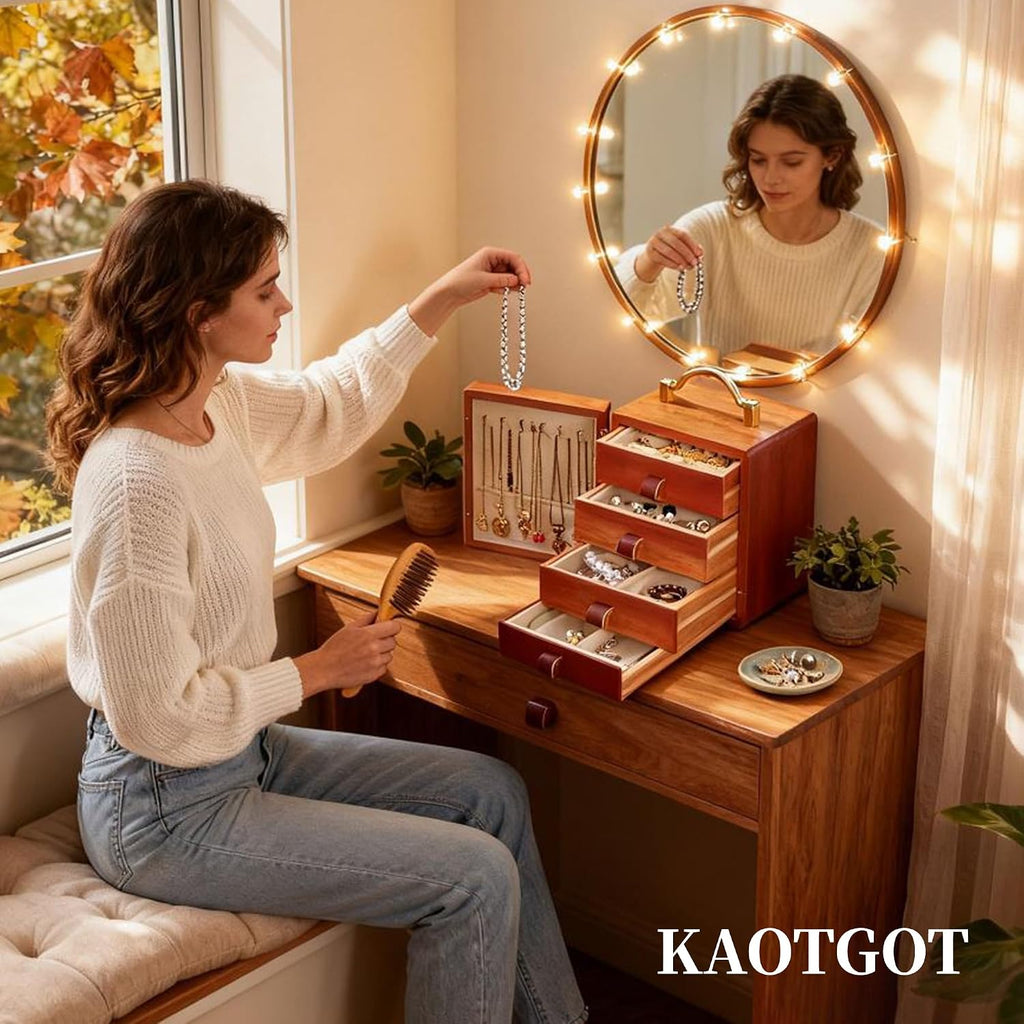 Elegant Walnut Wooden Jewelry Box for Women - 4 Tier with Charming White Deer Print and Handle