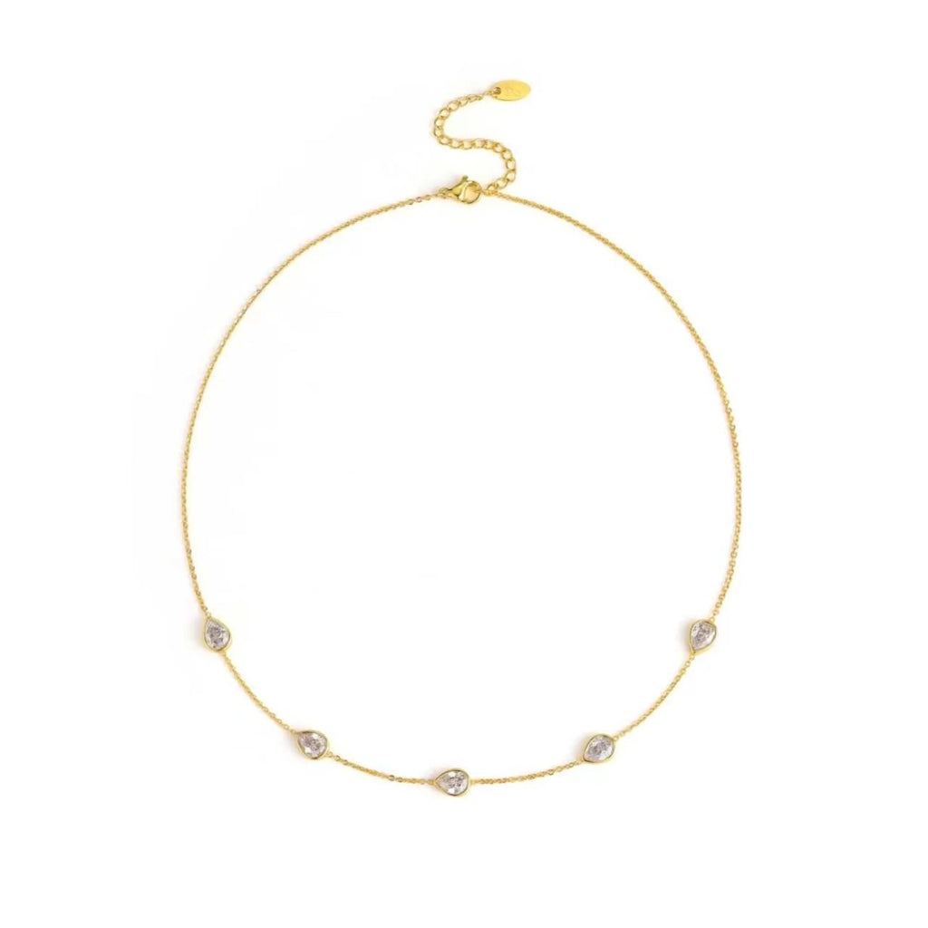 Teardrop Gem Station Necklace – Dainty Gold Chain with Color Accents