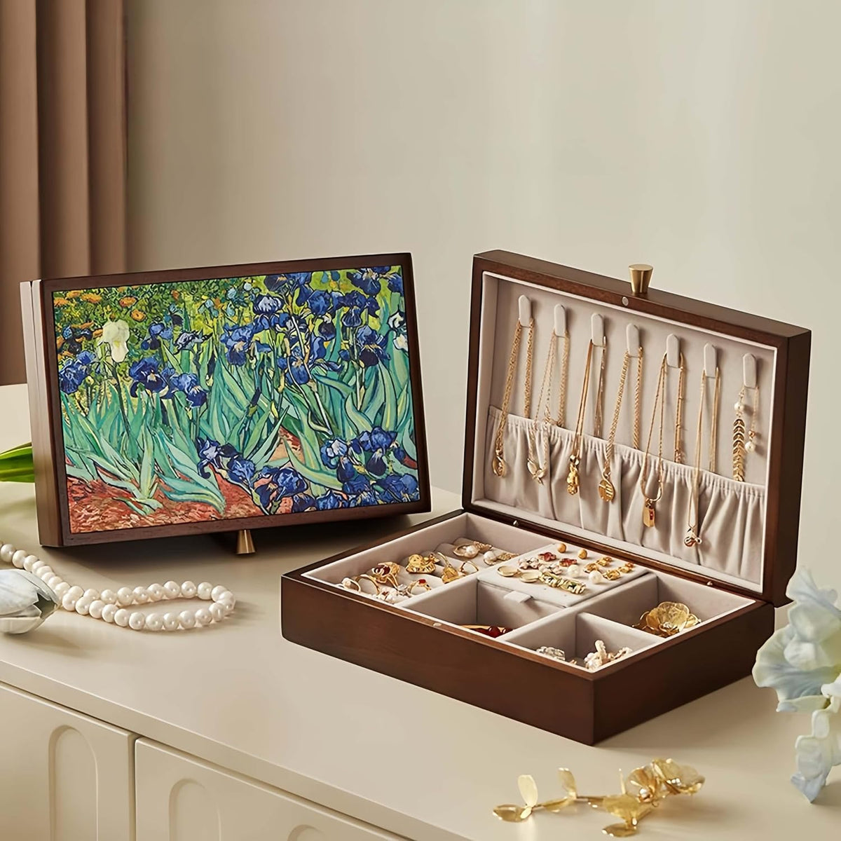 Elegant Mahogany Jewelry Box - Velvet-Lined Organizer for Earrings, Rings, Necklaces & Bracelets - Vintage Brown & Classic Style for Women