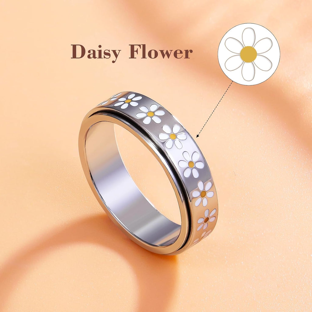 Daisy Fidget Ring for Anxiety Relief - 18K Gold Plated Spinner Band for Stress Relief,Stainless Steel Statement Flower Ring for Women,Thoughtful Gift for Birthday Valentine'S Day,Size 6-10