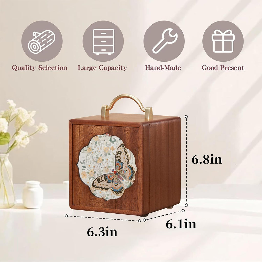 Elegant 4-Tier Walnut Wooden Jewelry Box with Butterfly Prints - Perfect for Women!