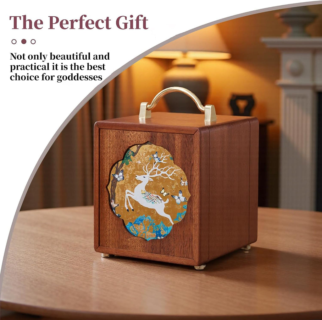 Wooden Jewelry Box for Women 4 Tier Walnut Wooden Jewelry Box with Handle (White Deer Print B)