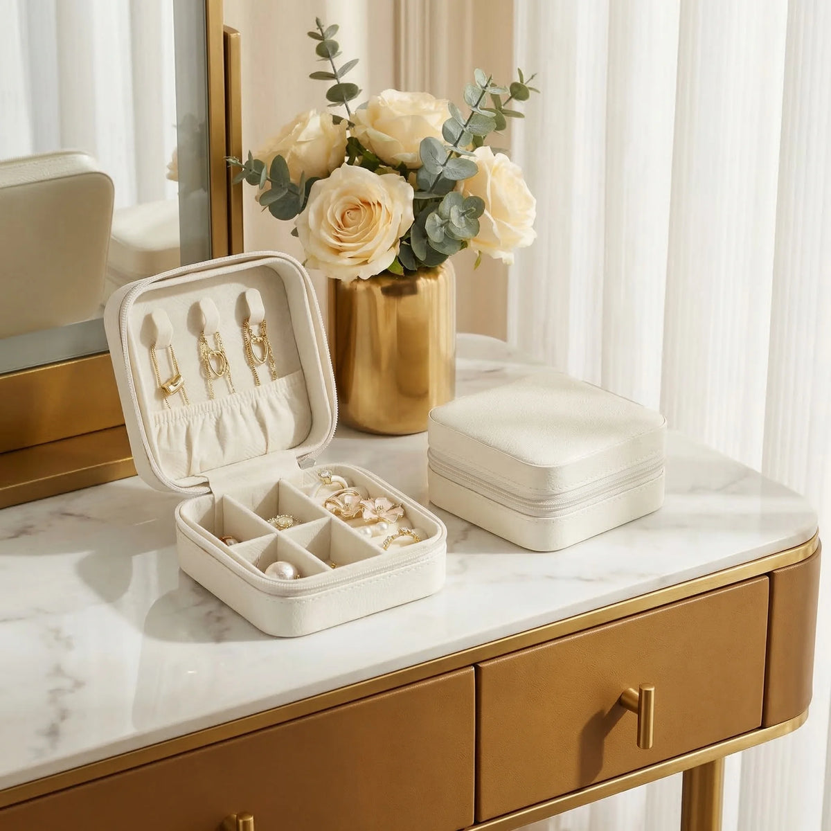 Chic Mini Travel Jewelry Box - Stylish Leather Organizer for Earrings, Rings, and Necklaces - Perfect Gift for Women and Girls