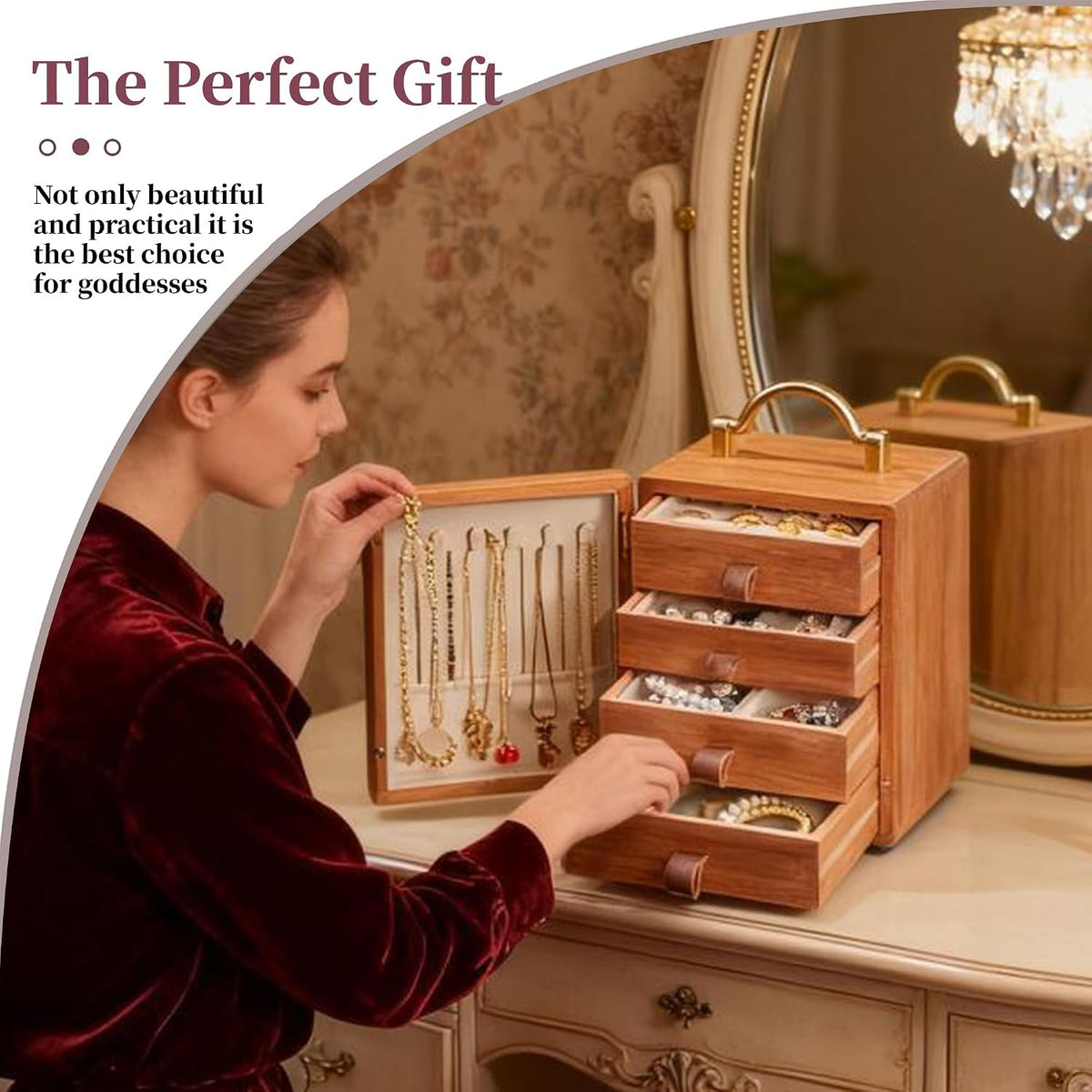 Elegant Walnut Wooden Jewelry Box with Handle - 4-Tier Organizer for Rings and Necklaces