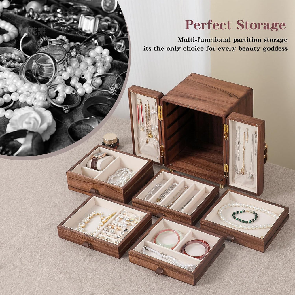 Elegant Walnut Wooden Jewelry Box - Large Organizer for Women and Girls