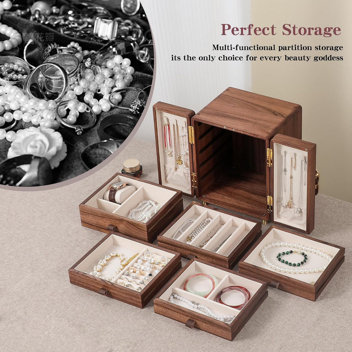 Elegant Walnut Wooden Jewelry Box - Large Organizer for Women and Girls