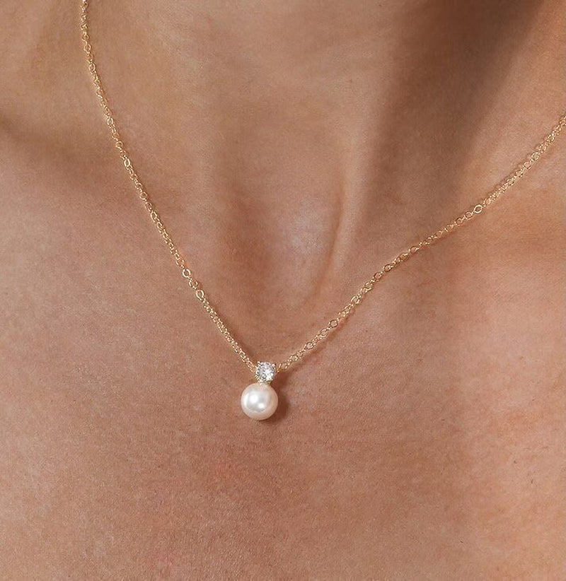 Pearl Necklace Bridal Pearl and Diamond Necklace Bridal Necklace Bridesmaid Necklace Minimalist Wedding Jewelry Gift for Her Bridesmaid Gift