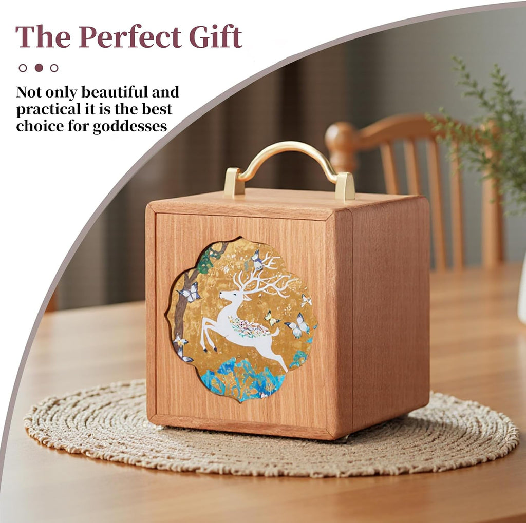 Elegant Walnut Wooden Jewelry Box for Women - 4 Tier with Charming White Deer Print and Handle