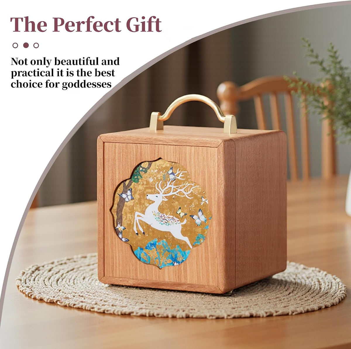 Elegant Walnut Wooden Jewelry Box for Women - 4 Tier with Charming White Deer Print and Handle