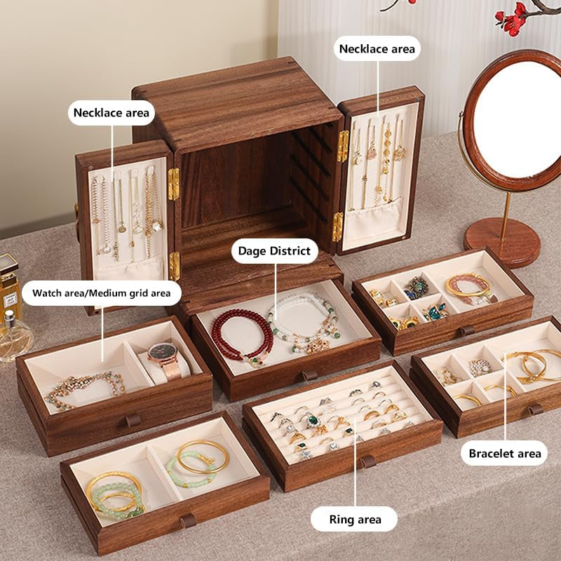 Elegant Walnut Wood Jewelry Box - Large Organizer for Women and Girls