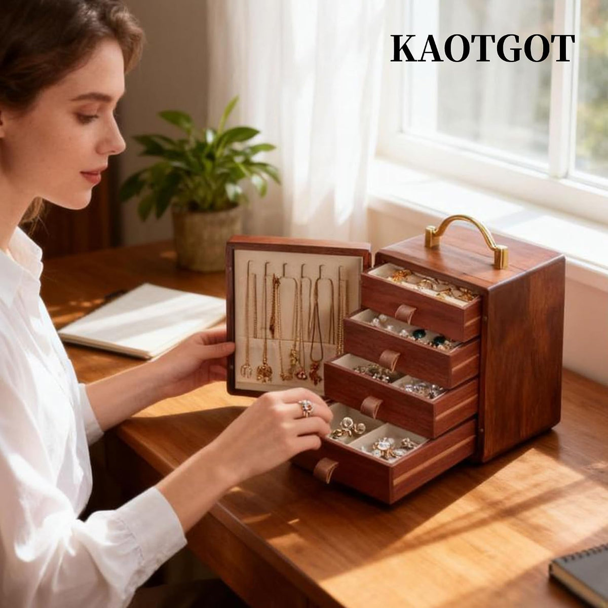 Elegant 4-Tier Walnut Wooden Jewelry Box with Butterfly Prints - Perfect for Women!