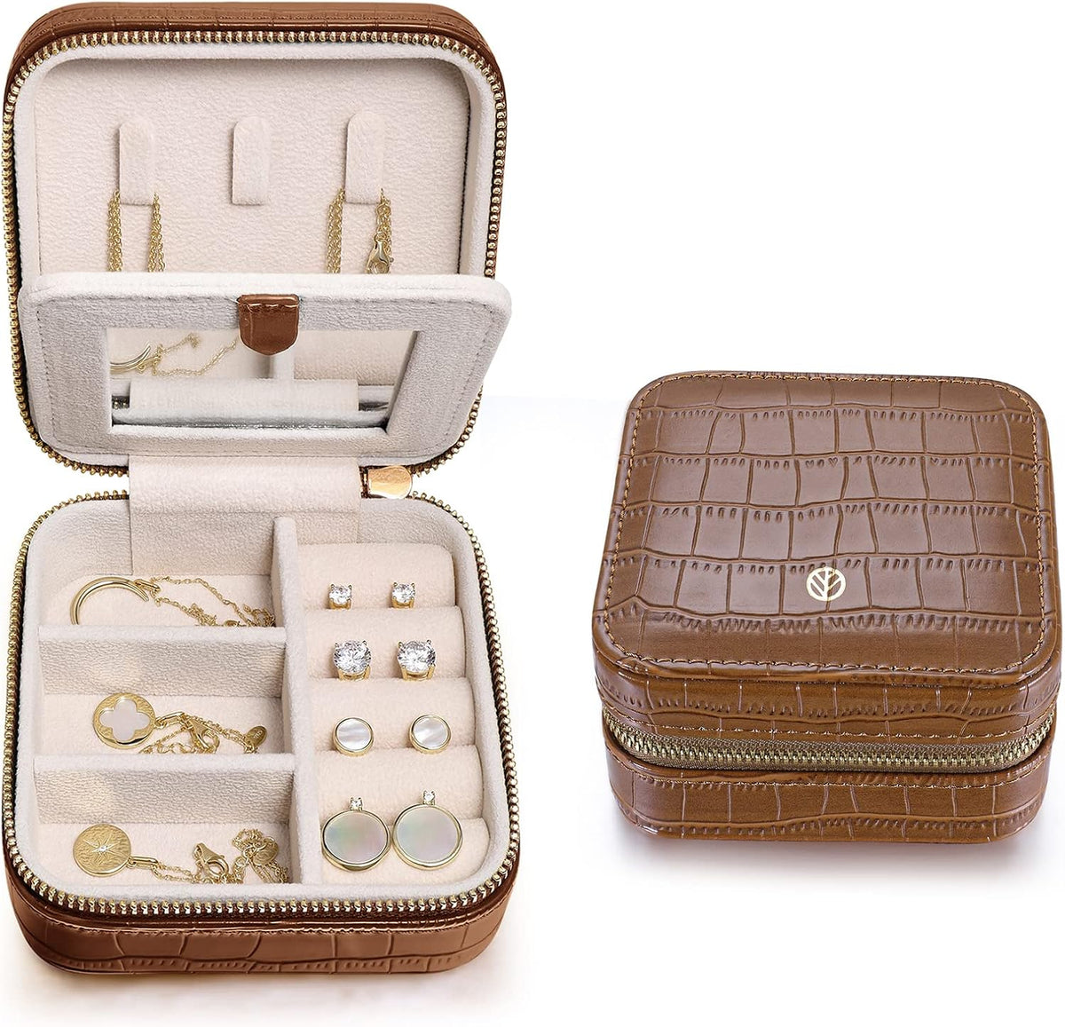 Chic Travel Jewelry Organizer Box for Women - Portable Case for Necklaces, Earrings, Bracelets & Rings - Perfect Birthday Gift for Best Friends - Trendy Crocodile Brown Design