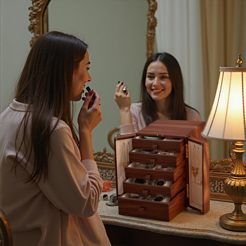 Elegant Walnut Wooden Jewelry Box - Large Organizer for Women and Girls