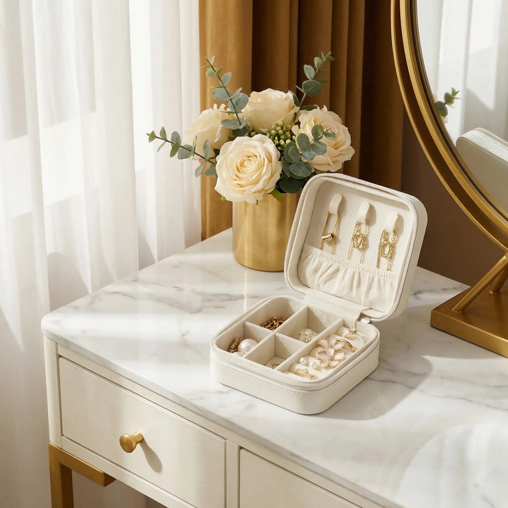 Chic Mini Travel Jewelry Box - Stylish Leather Organizer for Earrings, Rings, and Necklaces - Perfect Gift for Women and Girls