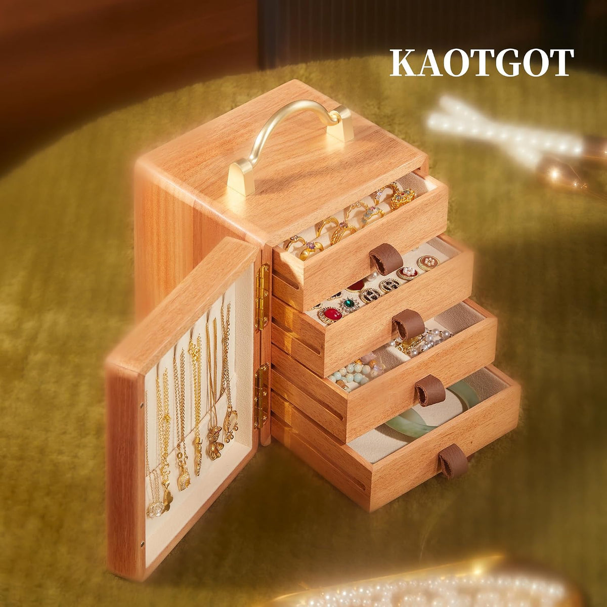 Elegant Walnut Wooden Jewelry Box with Handle - 4-Tier Organizer for Rings and Necklaces