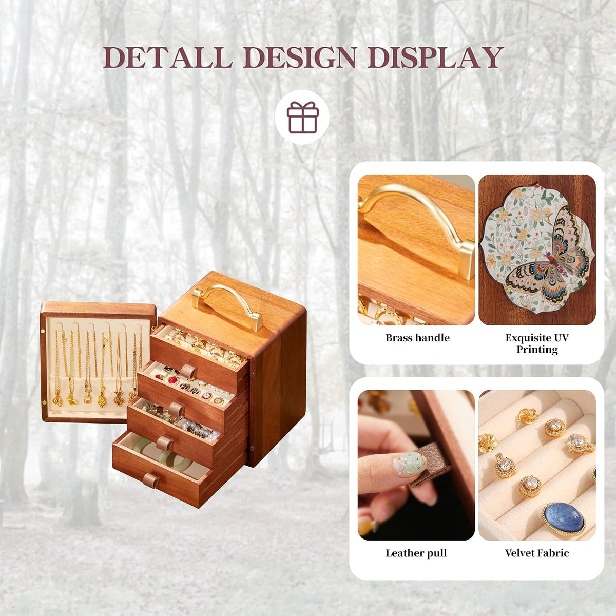Elegant 4-Tier Walnut Wooden Jewelry Box with Butterfly Prints - Perfect for Women!