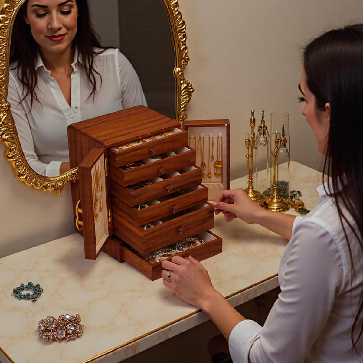 Elegant Walnut Wood Jewelry Box - Large Organizer for Women and Girls